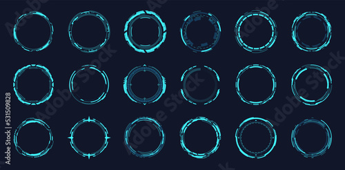 Hud round frames. Futuristic circle portal in abstract space, techno control hologram ui elements digital system sci-fi computer interface military game, garish vector illustration