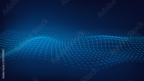 Hud landscape. Digital grid horizon 3d wireframe, crypto particle abstract topography geography perspective map, futuristic sound dot waves mountain land garish vector illustration