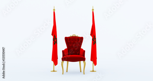 3D render of Red royal chair on a white background betwin two flags, kingdom of morocco flag state symbol, flag of morocco hanging on a flag pole photo