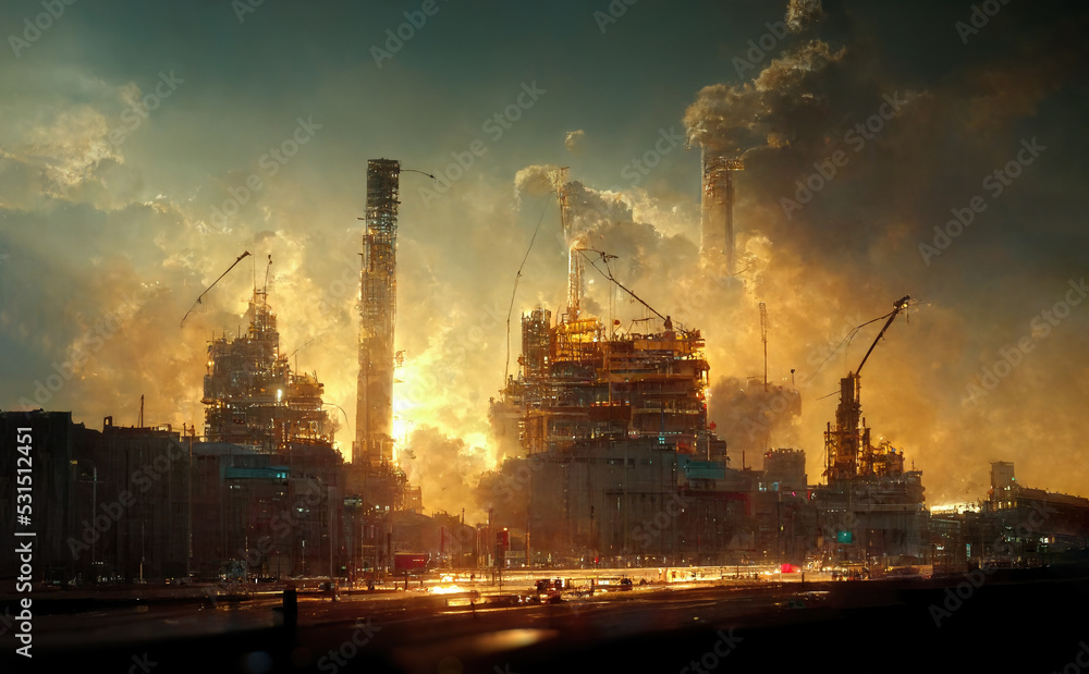 sci-fi futuristic scenery of the way to fantacy industrial buildings with planets in the sky on background 3d render.