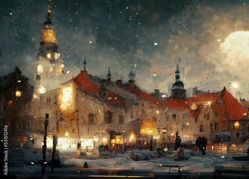 winter in medieval city night Starry sky and moon light tree ,street blurred light festive illumination 