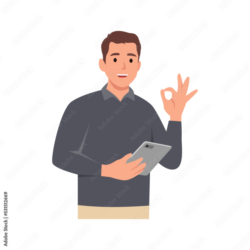 Young man Approved gesture, Ok sign with Smiling Businessman wearing suit standing while holding mobile phone and showing thumbs up. Flat vector illustration isolated on white background Young man Approved gesture, Ok sign with Smiling Businessman wearing suit standing while holding mobile phone and showing thumbs up. Flat vector illustration isolated on white background