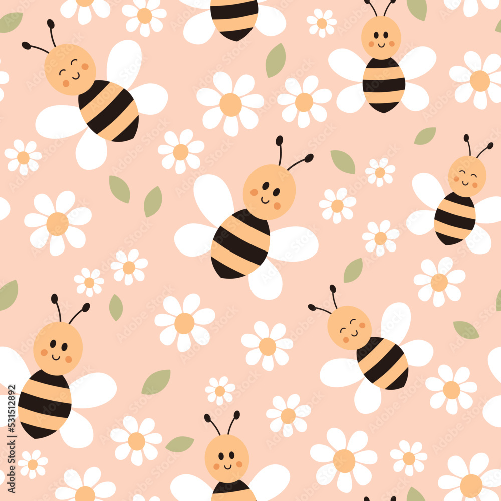 Cute seamless bee pattern. Childish texture with smiling bees and daisies on pink background. Vector illustration. It can be used for wallpapers, wrapping, cards, patterns for clothes and other. Cute seamless bee pattern. Childish texture with smiling bees and daisies on pink background. Vector illustration. It can be used for wallpapers, wrapping, cards, patterns for clothes and other.