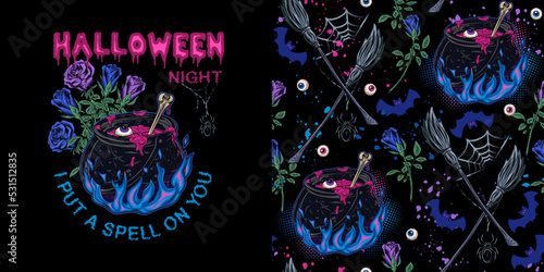 Set of halloween pattern and logo with witch cauldron with bubbling pink potion, magic blue fire, human eyeballs, broom, roses, spider, bat, halftone, text. Magic symbol of witchcraft CMYK blue colors