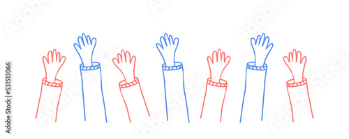 Volunteers and charity work. Raised helping hands. Vector hand drawn doodle illustrations with a crowd of people ready and available to help and contribute. Positive foundation, business, service.
