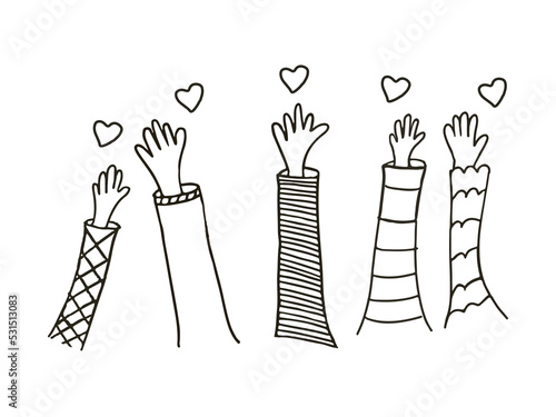 Volunteers and charity work. Raised helping hands. Vector hand drawn doodle illustrations with a crowd of people ready and available to help and contribute. Positive foundation, business, service.