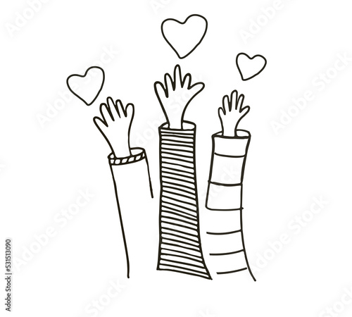 Volunteers and charity work. Raised helping hands. Vector hand drawn doodle illustrations with a crowd of people ready and available to help and contribute. Positive foundation, business, service.