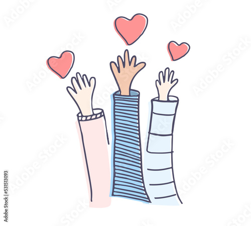 Volunteers and charity work. Raised helping hands. Vector hand drawn doodle illustrations with a crowd of people ready and available to help and contribute. Positive foundation, business, service.