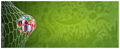 ARRIÈRE-PLAN FOOTBALL VERT ET BALLON AVEC DRAPEAUX ET FILET