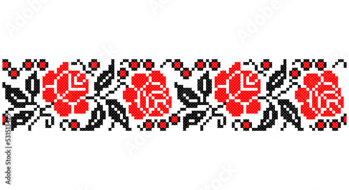 Embroidered good like old handmade cross-stitch ethnic Ukraine pattern. Ukrainian towel ornament, rushnyk called, vector.