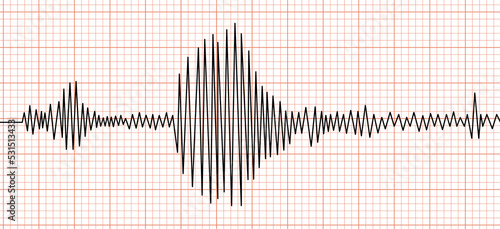 Earthquake seismic waves on seismogram graph paper. Seismograph or music vibration measurement recording chart. Polygraph lie detector diagram test record. Vector illustration.