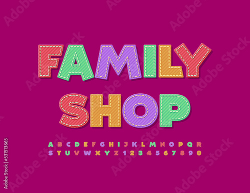 Vector bright banner Family Shop. Creative textile Alphabet Letters and Numbers set. Colorful Jeans Font. 