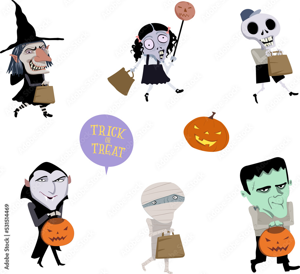 Halloween characters png illustration. Monster cartoon. Greeting card.