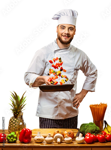 Obraz na płótnie PNG, Cook with frying pan and vegetables w salonie