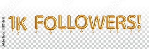 Vector realistic isolated golden balloon text of 1k Followers on the transparent background.