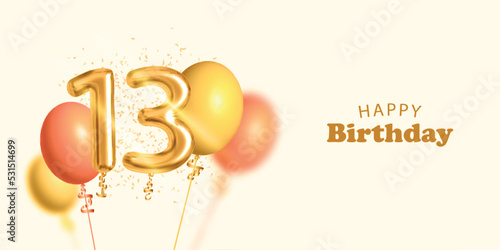 Vector realistic isolated invitation card for Happy Birthday with 13 number golden balloon and confetti.