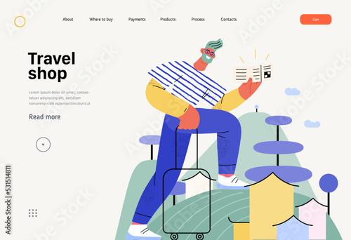Travel shop -Online shopping and electronic commerce web template -modern flat vector concept illustration of a travelling man with case and ticket Promotion, discounts, sale and online orders concept