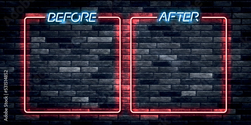 Vector realistic isolated neon sign of Before and After frame logo on the wall background.