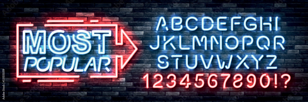 Vector realistic isolated neon sign of Most Popular logo with easy to change color alphabet font on the wall background.