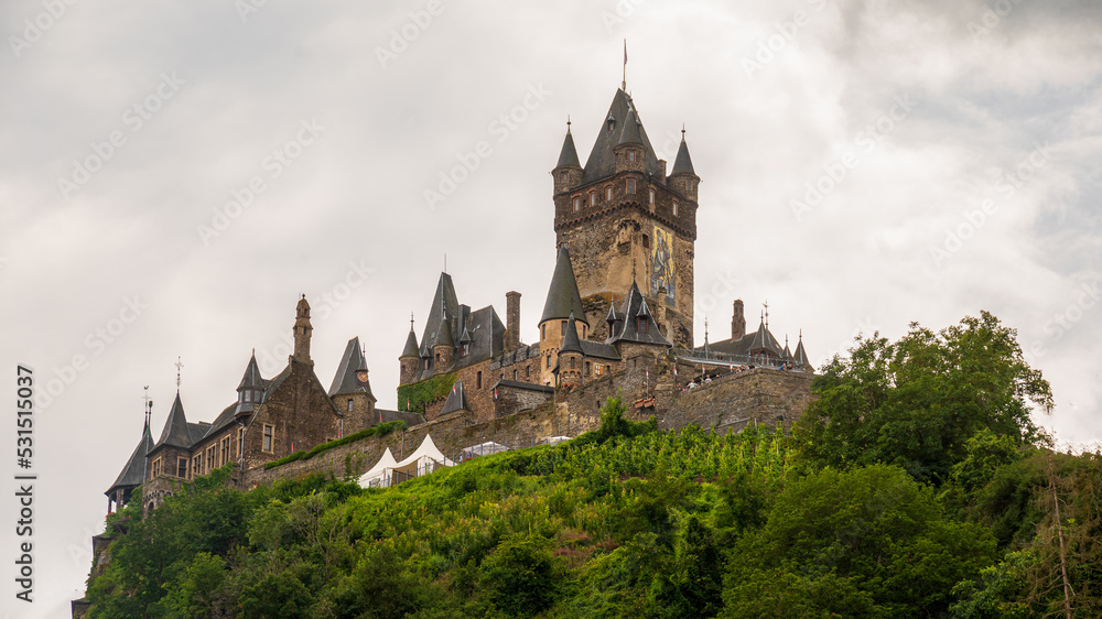 Cochem, Germany, view on the town and the Cochem (Reichsburg) castle above the Moselle river.	