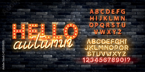 Vector realistic isolated neon sign of Hello Autumn logo with easy to change color alphabet font on the wall background.
