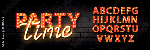 Vector realistic isolated marquee neon sign of Party Time logo with easy to change alphabet font on the wall background.