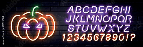 Vector realistic isolated neon sign of Happy Halloween with easy to change color alphabet font on the wall background.