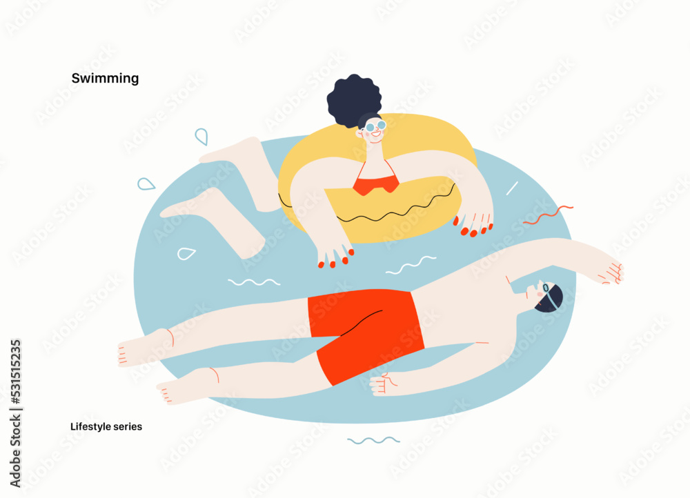 Fototapeta premium Lifestyle series - Swimming - modern flat vector illustration of a man and a woman swimming in the pool. People activities concept