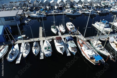 High angle view of Ladysmith Maritime Society Marina, Ladysmith, BC, Canada with many boats photo