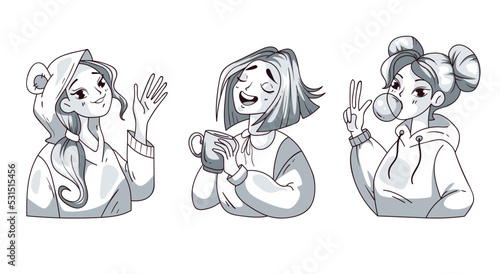 Anime manga japan girls woman cute characters isolated set. Graphic design element vector illustration set