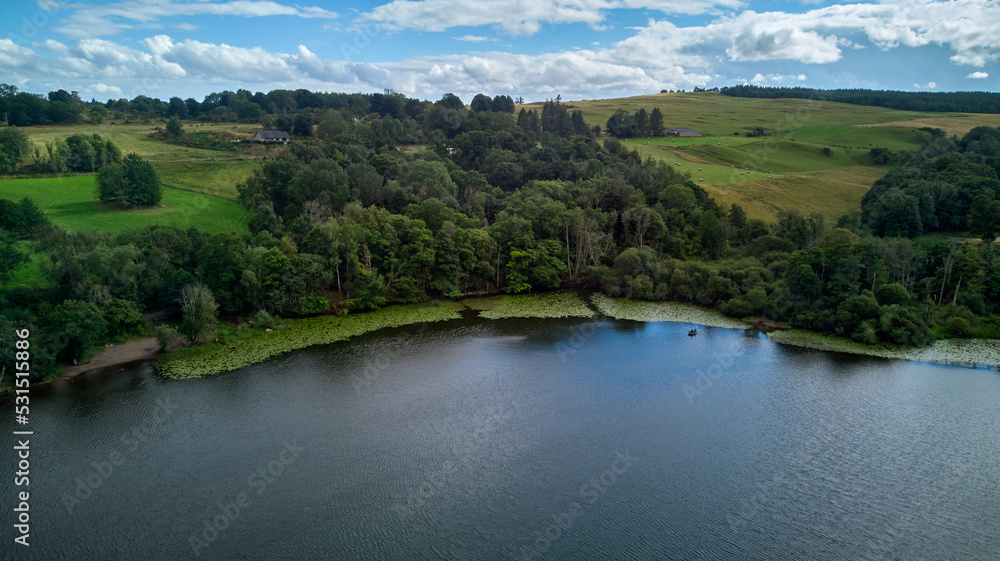 Views of a Scottish lake, green trees and meadows from above.