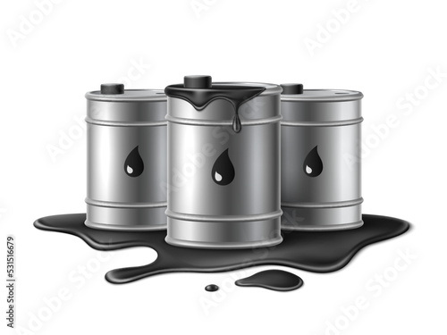 Barrels with leaking engine oil. Realistic hazard black liquid, petroleum products storage, metal containers, black puddlesand drops, 3d composition, industrial tank utter vector concept
