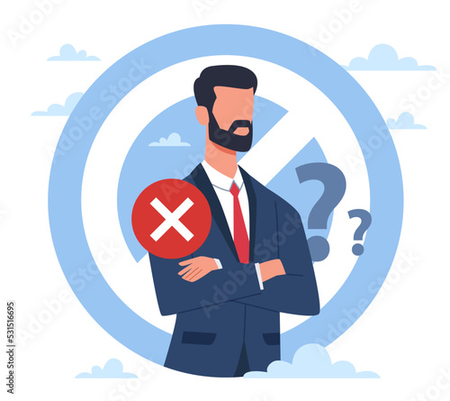 Biased person with mental blocks, filters in relation to society. Frustrated man in business suit with red cross sign. Nonacceptance and condemnation people. Vector cartoon flat concept