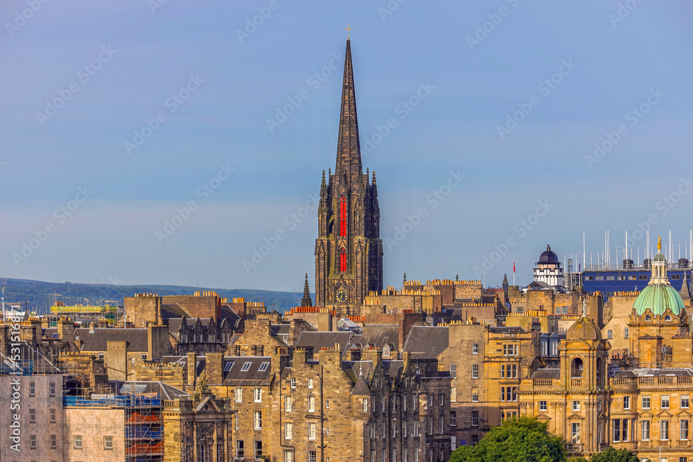 The view of  roof of Tolbooth Kirk Church and other historic building in centre of Edinburgh, Scotland.