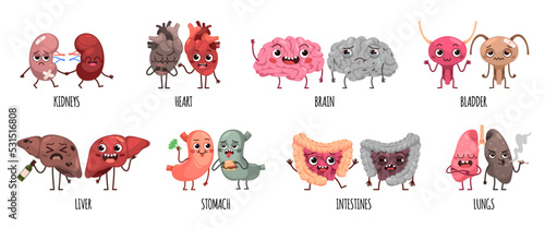 Cartoon unhealthy and healthy organs pairs. Cute characters with faces, damaged lung, stomach and bladder, lungs and brain, liver and heart, anatomical parts, tidy vector healthcare set