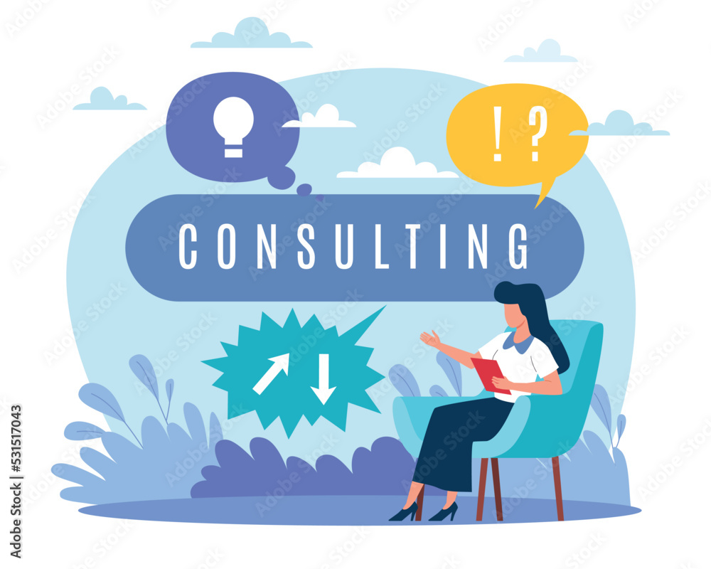 Consulting, supervisory development training, online questions and answers, psychology help. Female expert technical support. Vector cartoon flat psychologist or coach concept