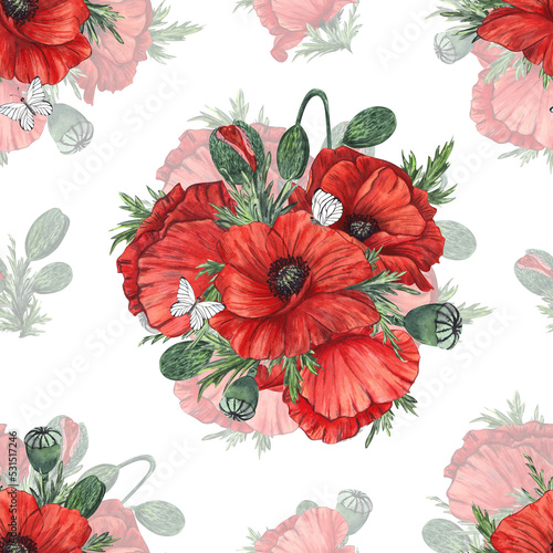 The pattern is seamless with red poppies painted in watercolor and isolated on a white background.