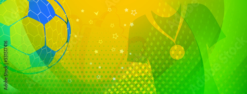 Abstract background on a football theme with big ball and other soccer symbols in national colors of Brazil