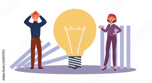 Proactive actions to prevent and control, forecasting process of business chain reaction. Man and woman with huge light bulb, success way to achieve goal. Vector cartoon flat concept