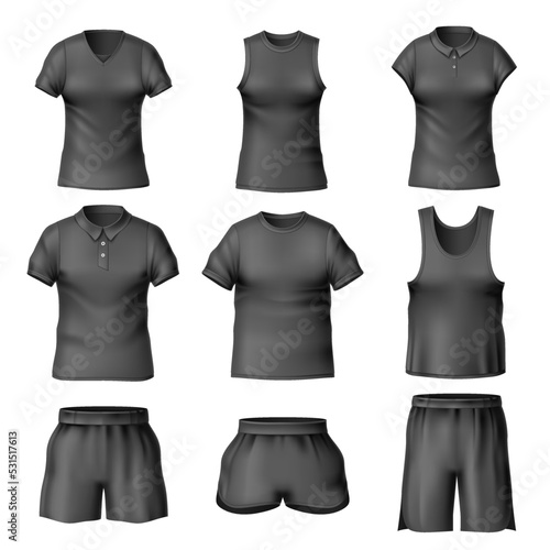 Realistic black t-shirts and short. Different types shirts, male and female casual clothes top view, underwear blank mockup, 3d blank textile objects, utter vector isolated set