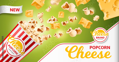 Realistic cheese product poster. 3d popcorn flying out of bucket with gouda cheese flavor, salty air snack, fast food, promo horizontal banner template, logo and copy space, utter vector concept