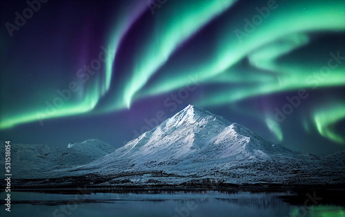Fototapeta Naklejka Na Ścianę i Meble -  Northern Lights over lake. Aurora borealis with starry in the night sky. Fantastic Winter Epic Magical Landscape of snowy Mountains. Gaming RPG background and texture. Game asset