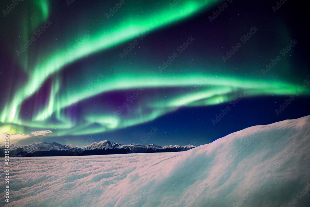 Northern Lights over snowy mountains. Aurora borealis with starry in the night sky. Fantastic Winter Epic Magical Landscape of Mountains. Gaming RPG background and texture. Game asset
