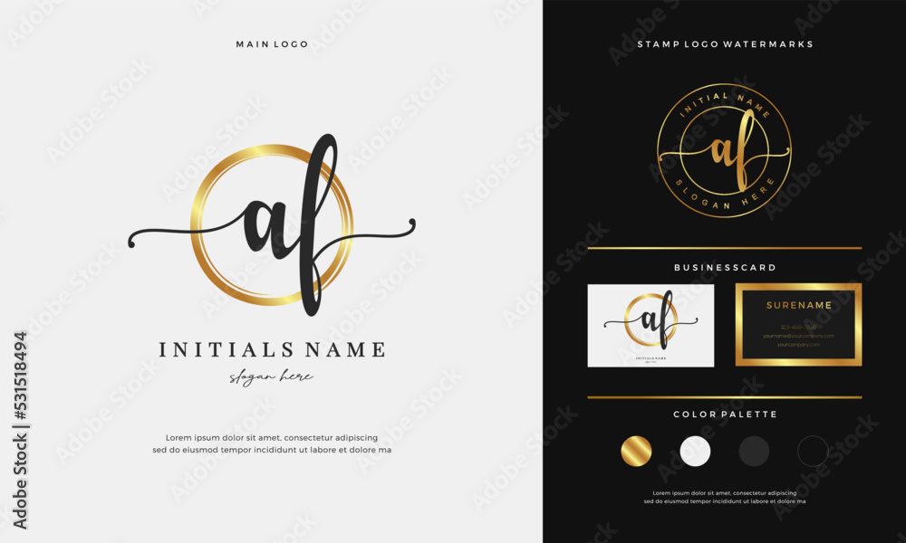 initial Letter A AF Beauty Logo on Circle gold brush. Feminine ...