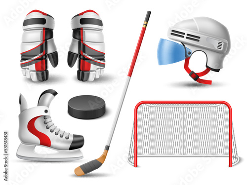 Realistic hockey set. Sport uniform elements and accessories, 3d gloves skate pucks and stick, goal and helmet, skates side view, professional equipment, winter ice games, utter vector set