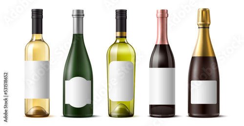 Realistic wine bottles. 3d isolated glass grape alcohol containers, different shapes drink packaging mockups, clean labels, red white and rose beverages, vine and champagne, utter vector set