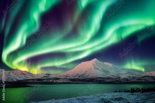 Northern Lights over lake. Aurora borealis with starry in the night sky. Fantastic Winter Epic Magical Landscape of snowy Mountains. Gaming RPG background and texture. Game asset