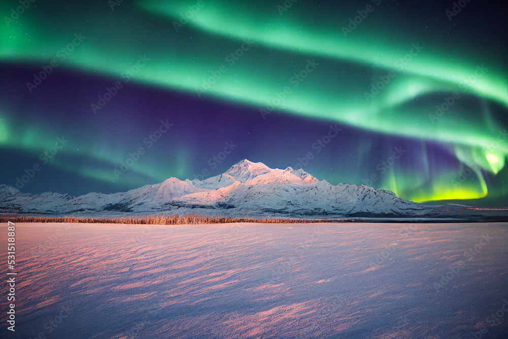 Northern Lights over snowy mountains. Aurora borealis with starry in the night sky. Fantastic Winter Epic Magical Landscape of Mountains	