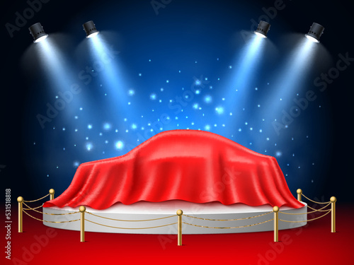 Red silk car covered. Realistic secret gift hidden under cloth, textile drapery, surprise on round podium with blue spotlights, presentation stage, marketing presentation, utter vector concept