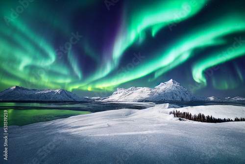 Northern Lights over lake. Aurora borealis with starry in the night sky. Fantastic Winter Epic Magical Landscape of snowy Mountains	 photo